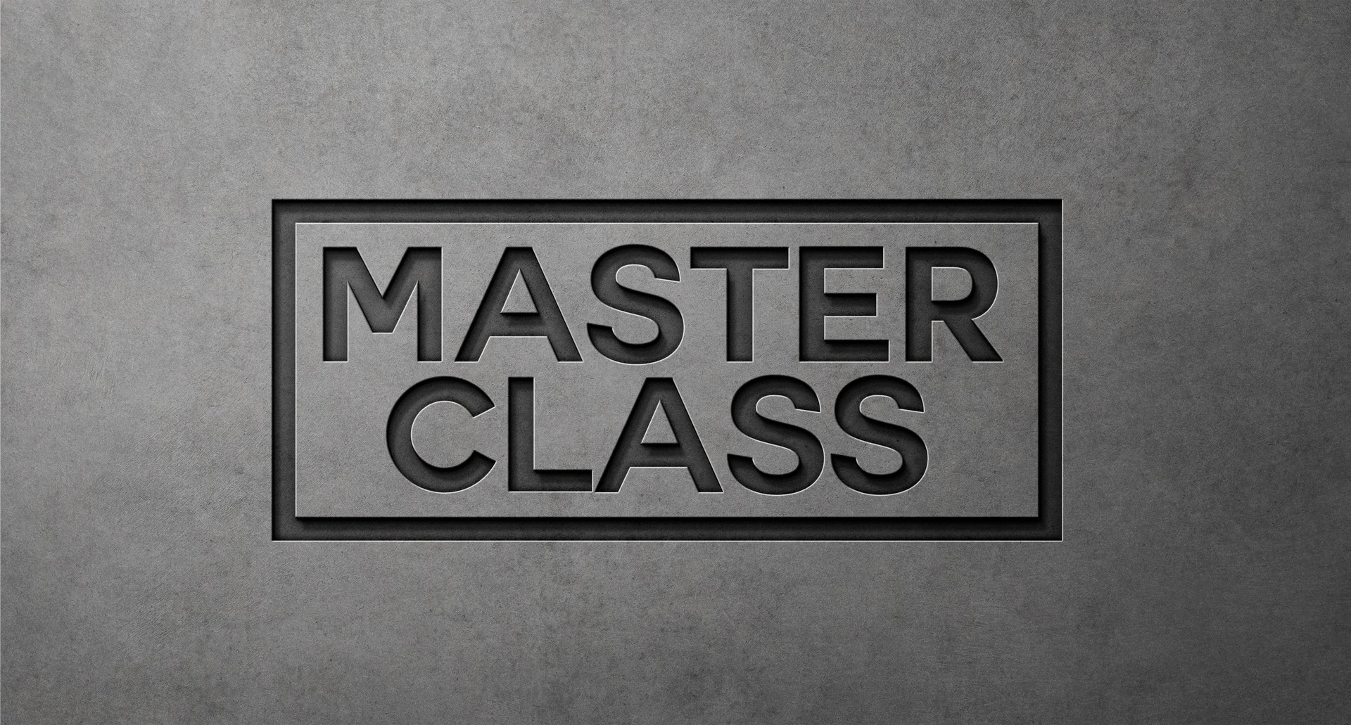 Embossed master class text, metallic gray background, minimalist design, bold typography, sleek modern style, 3D effect, high contrast, premium engraved lettering. 3D render.