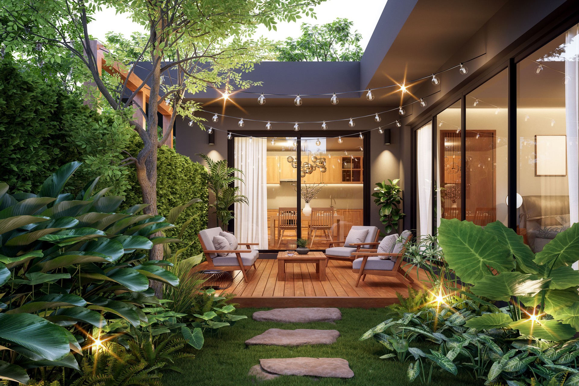 Modern contemporary style small wooden terrace in lush garden with house interior background 3d render