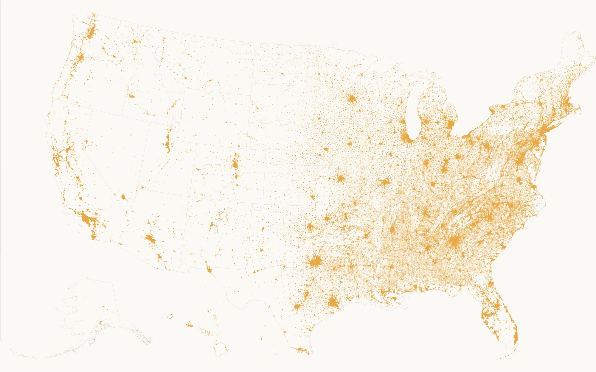 A density map of real church locations across all 50 states, from The Church Map — the whole country visibly covered, not a handful of sample points.