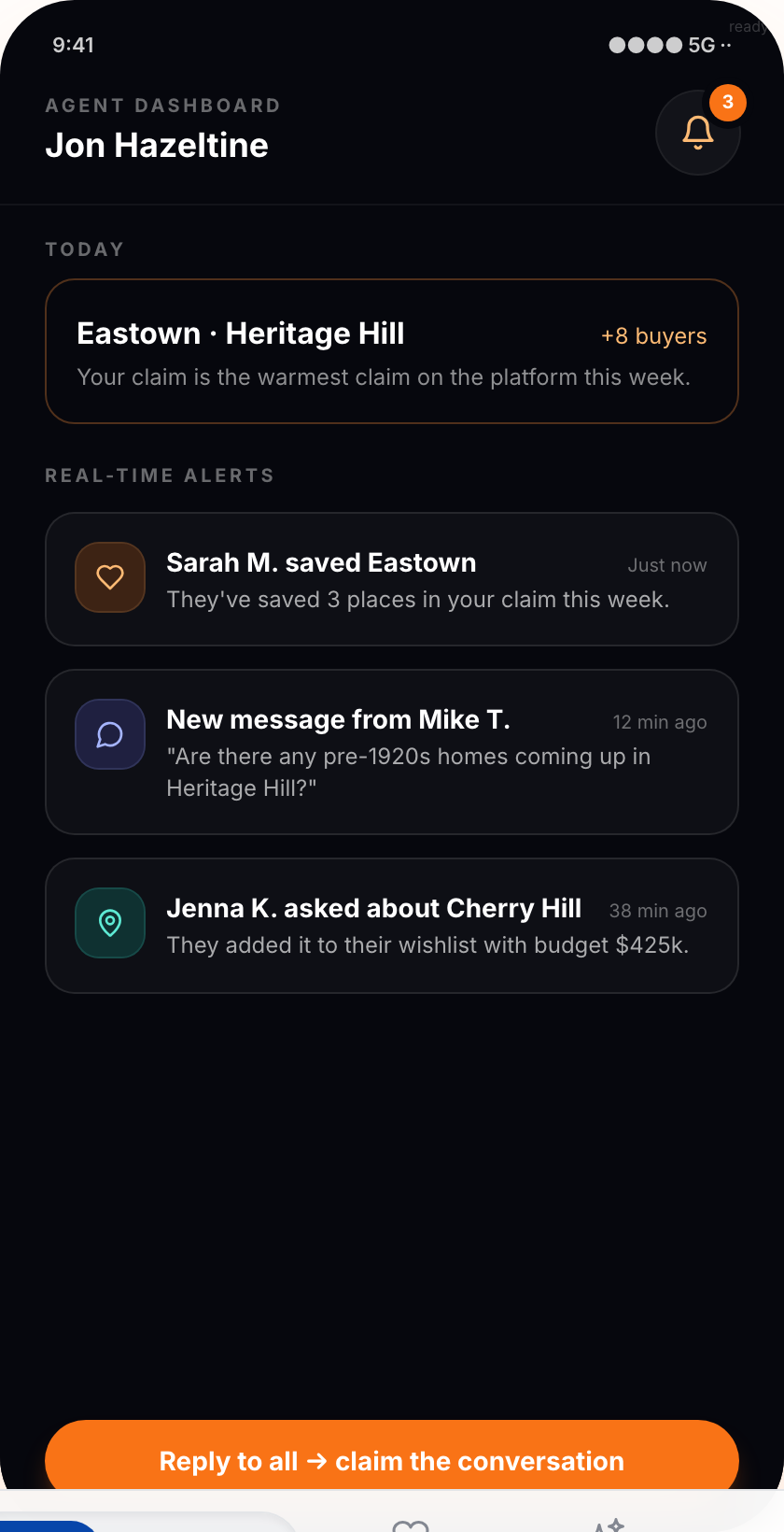 The agent dashboard with notification bell active