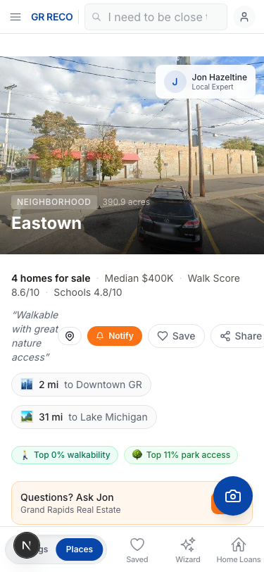 Live Eastown neighborhood page on mobile — walkability, walk times to Madcap and Reeds Lake, and the Atlas claim badge