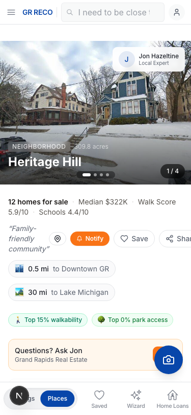 Live Heritage Hill neighborhood page on mobile — the kind of specific place a buyer locks onto and waits for