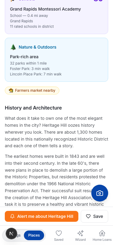Heritage Hill narrative section on mobile — Schools, Nature & Outdoors, History and Architecture, all auto-published under the agent's name