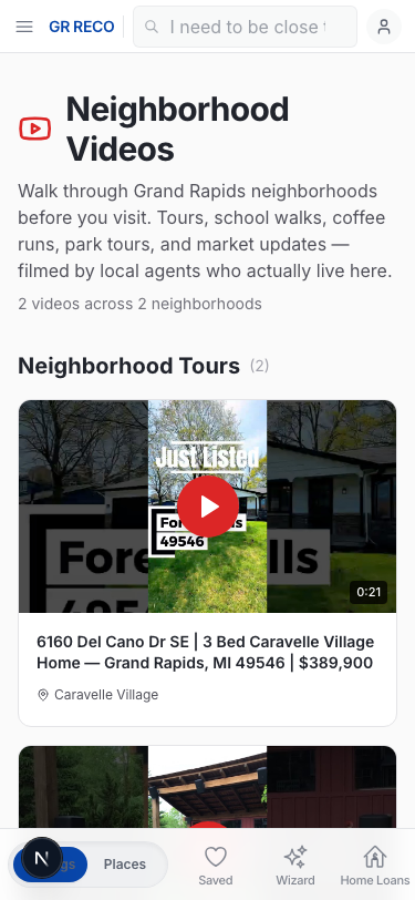 The Atlas Neighborhood Videos channel on mobile — every agent's walk-through lives on a permanent neighborhood page