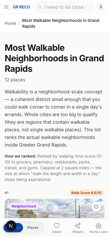 Live Atlas search-by-character page on mobile — Most Walkable Neighborhoods in Grand Rapids, with methodology and walkability rankings