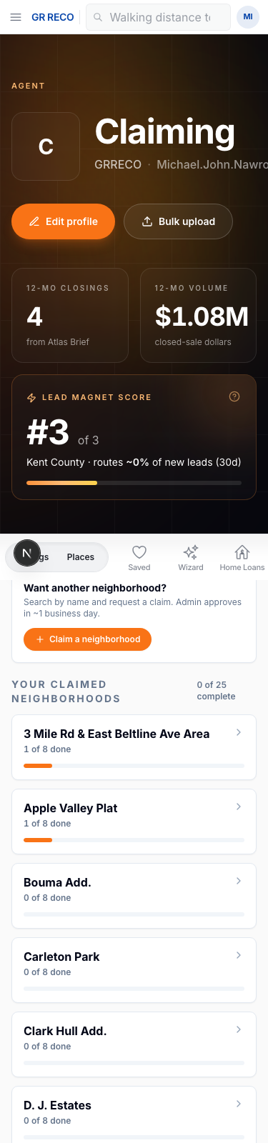 A live Atlas agent profile — closings, lead-magnet score, claimed neighborhoods with progress bars