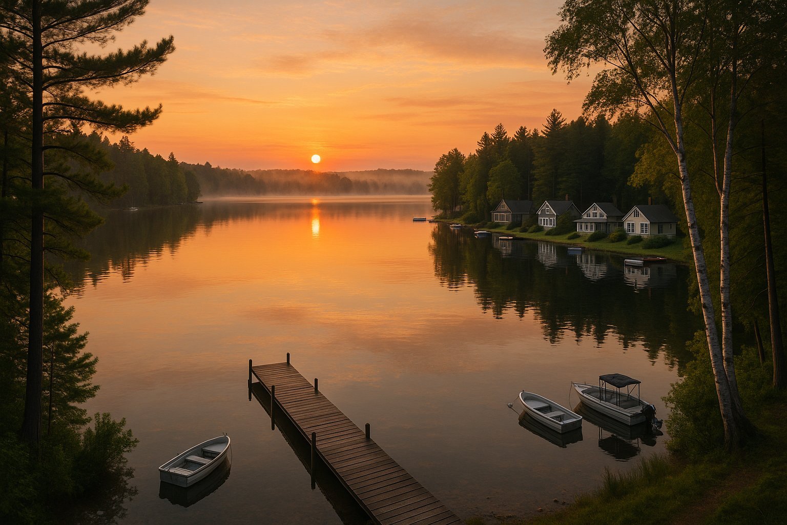 Golden-hour aerial of a Michigan inland lake with classic lake cottages on the wooded shoreline